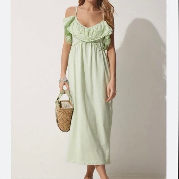 Zara Eyelet Lace Maxi Dress in Green Size Large - Picture 3 of 7